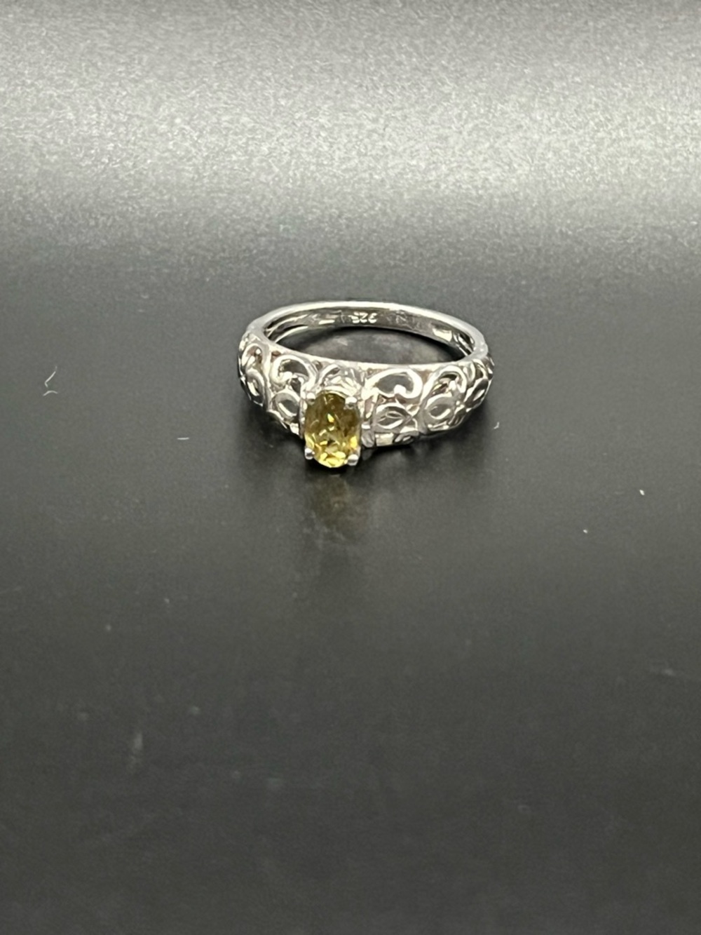 Sterling Silver Filigree Ring with Yellow Oval Gemstone